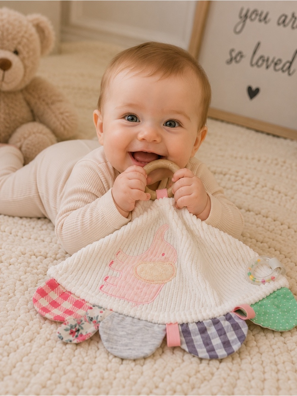 Modern Baby Elephant Snuggle Blankie Sensory Teether Rattle Lovey